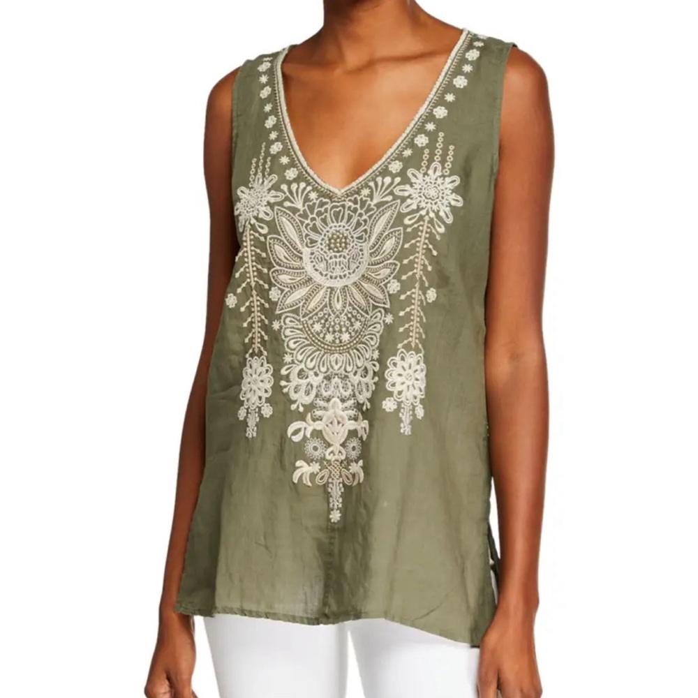 Marik V-Neck Linen Tank with Embroidery